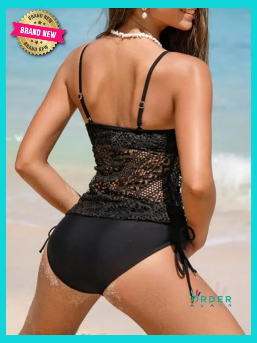 Tankini Set V Neck Mesh Two Piece Adjustable Straps Side Tie